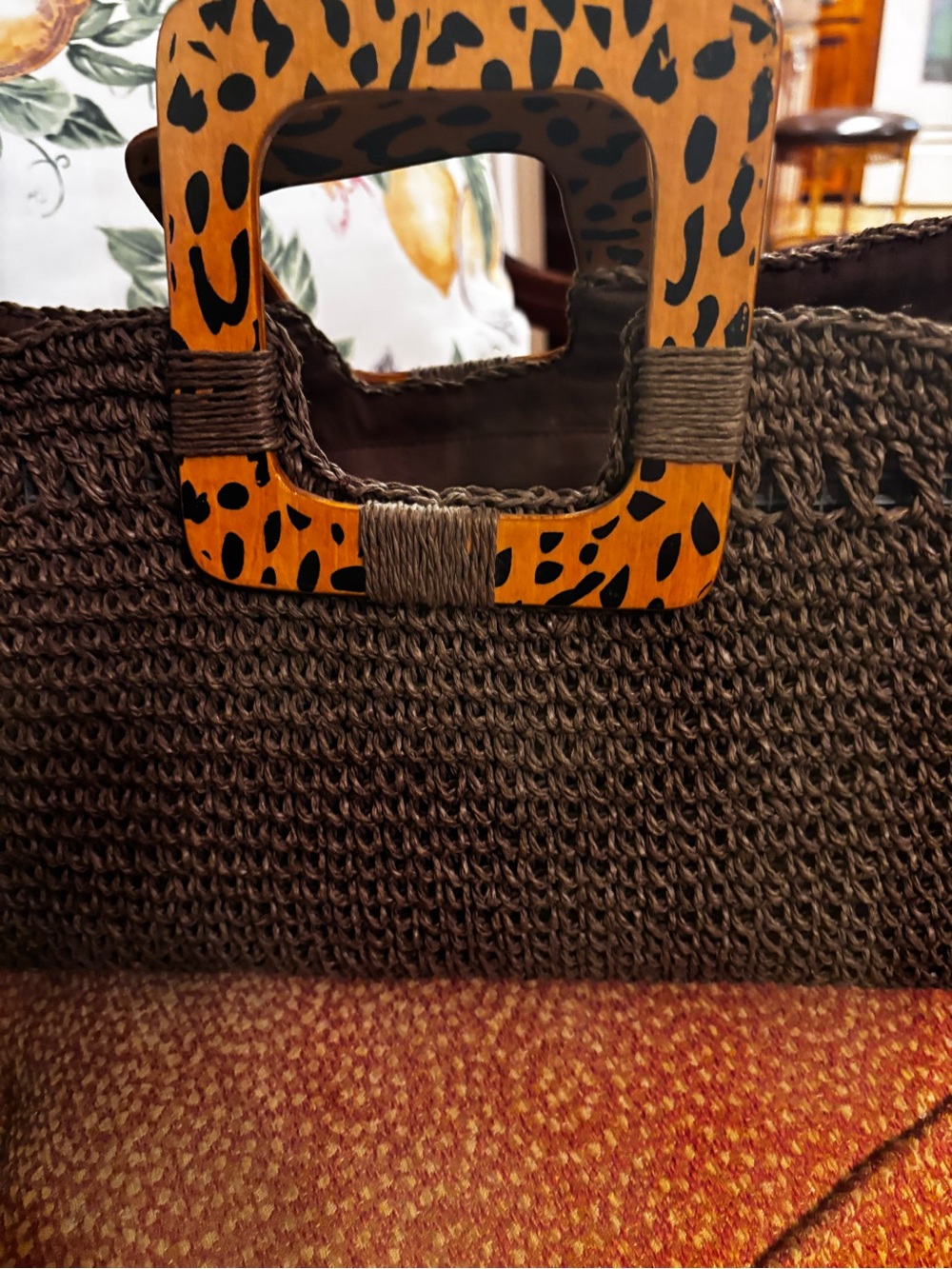 Woven Dark Brown Tote with Leopard-Print Wooden Handles